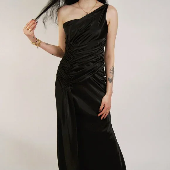 Y2K Prom Gown (S) vintage black ruched open back dress small maxi rhinestone 90s - Picture 2 of 8